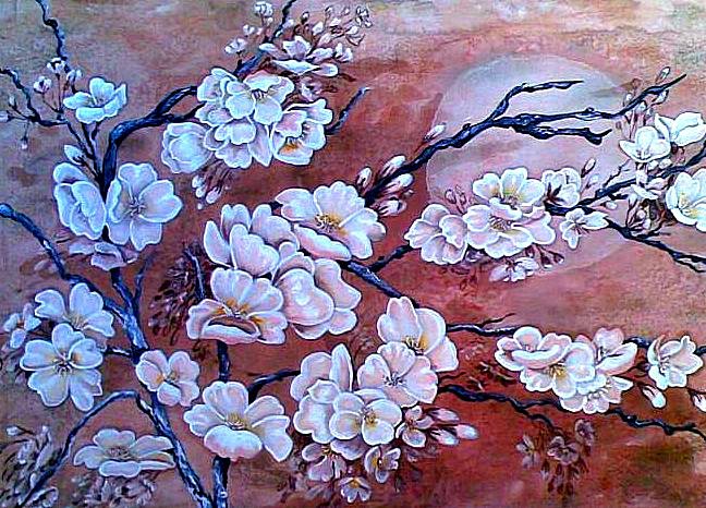 Цветение сакуры - ночь, цветы, сакура, луна, вишня, восток - оригинал