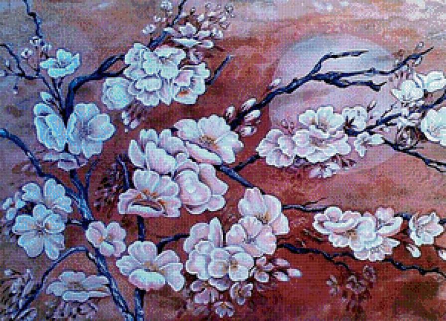 Цветение сакуры - вишня, луна, восток, цветы, сакура, ночь - предпросмотр