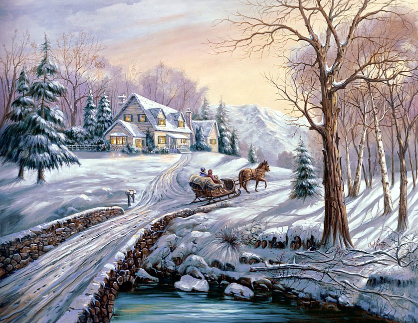 Зимний пейзаж - зима, мост, город, река, пейзаж - оригинал