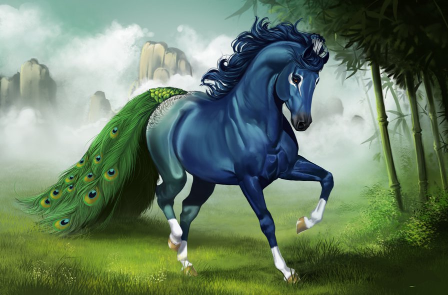 paradise_bird - павлин, лошадь, синий, животные, фэнтези - оригинал
