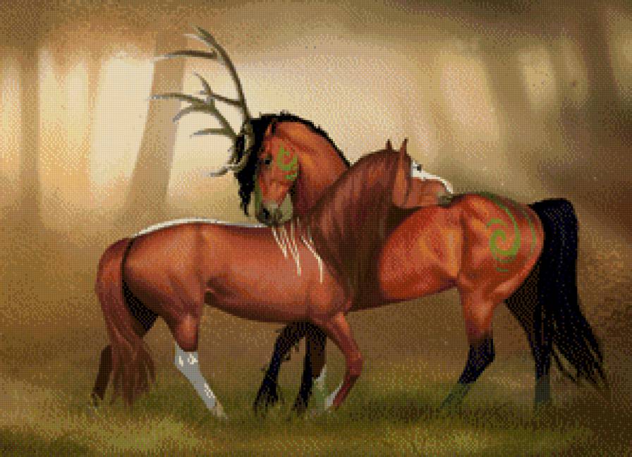 in the heart of the forest - лошадь, фэнтези, лошади, животные, пара - предпросмотр