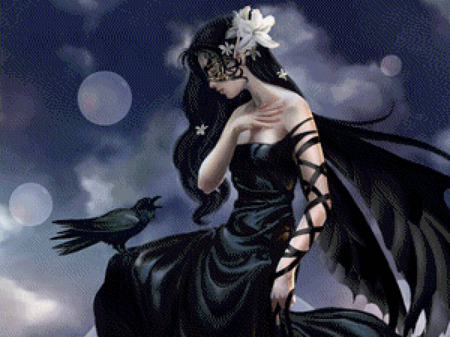 Девушка и ворон - птицы, фэнтези, девушка, маска - предпросмотр