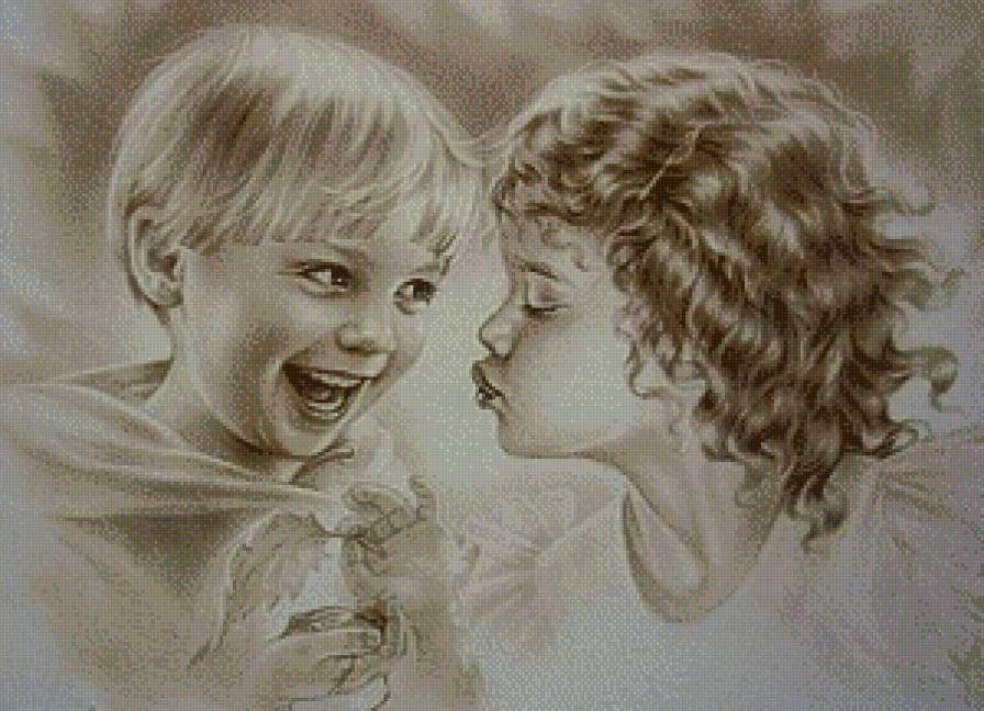 дети монохром - девочка, ангел, дети, люди, поцелуй, мальчик - предпросмотр