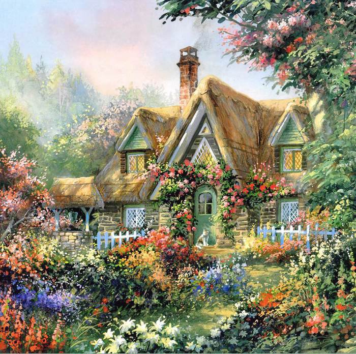 домик лето 4 - природа, лето, пейзаж, садик, цветы, домик, картина - оригинал