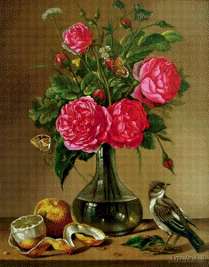 Букет и птичка - розы, цветы, птицы - предпросмотр