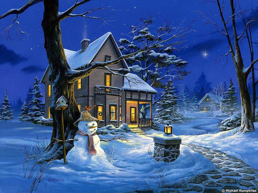 зимний домик 2 - снеговик, рождество, снег, сугроб, домик, дом, зима - оригинал