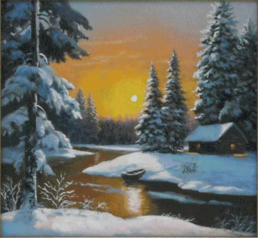 михаил сатаров 4 зимний пейзаж солнце садится - лес, горы, пейзаж, картина, михаил сатаров, зима, природа, снег - предпросмотр