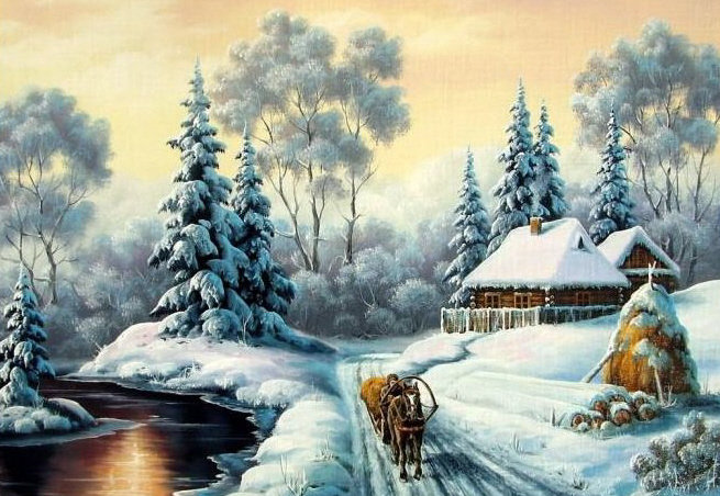 А.Найдёнов.Зимний пейзаж 2 - домик., лошадь, пейзаж, зима, сани - оригинал