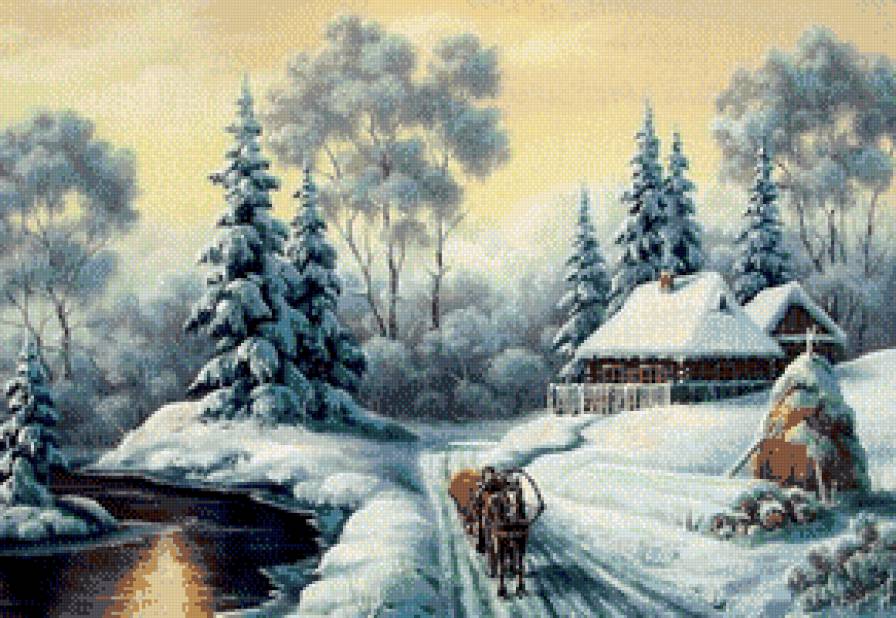 А.Найдёнов.Зимний пейзаж 2 - зима, лошадь, домик., пейзаж, сани - предпросмотр