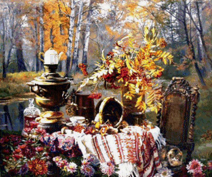 дары осени - осень, натюрморт, цветы, березы, грибы - предпросмотр