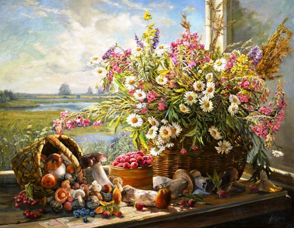 пано родные просторы - окно, натюрморт, осень, грибы, цветы - оригинал