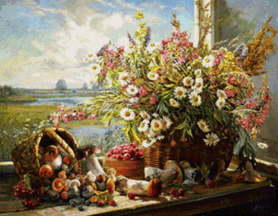 пано родные просторы - натюрморт, цветы, осень, окно, грибы - предпросмотр