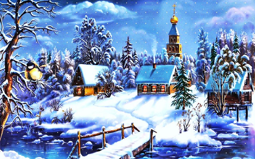 зимняя деревушка - снег, зима, картина, пейзаж - оригинал