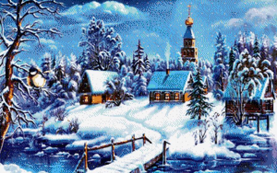 зимняя деревушка - картина, снег, пейзаж, зима - предпросмотр