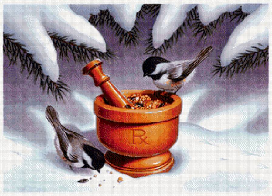 птички - природа, деревья, снег, зима, пейзаж, птицы - предпросмотр