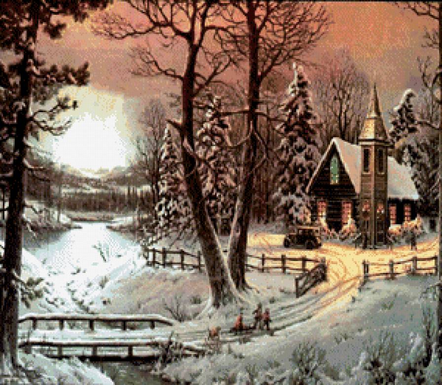 зимний вечер - деревья, снег, ручей, пейзаж, зима - предпросмотр