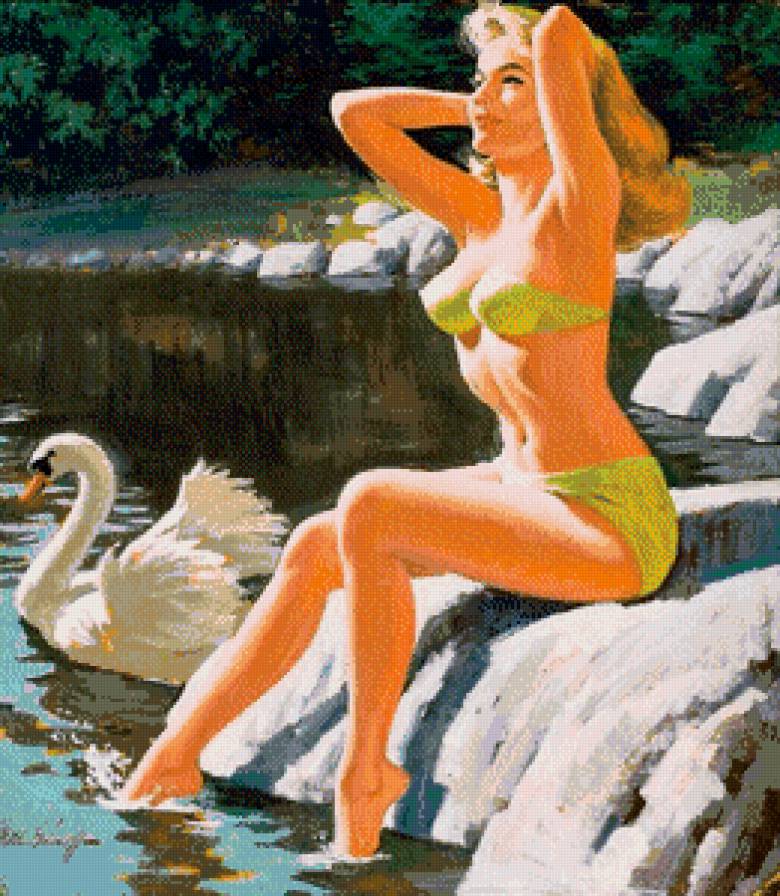 девушка и лебедь - природа, лебедь, девушка, водоем, картина - предпросмотр