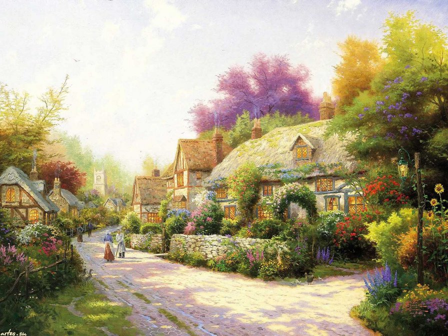 Thomas Kinkade, английская деревушка - англия, дома, деревня, лето - оригинал