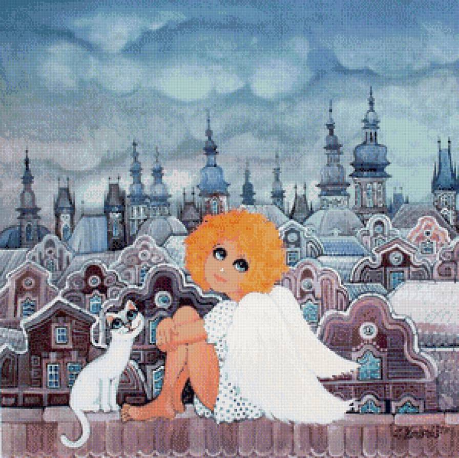 Рыжий ангел - животные, дети, город, кошки, ангелы, дом, пейзаж - предпросмотр