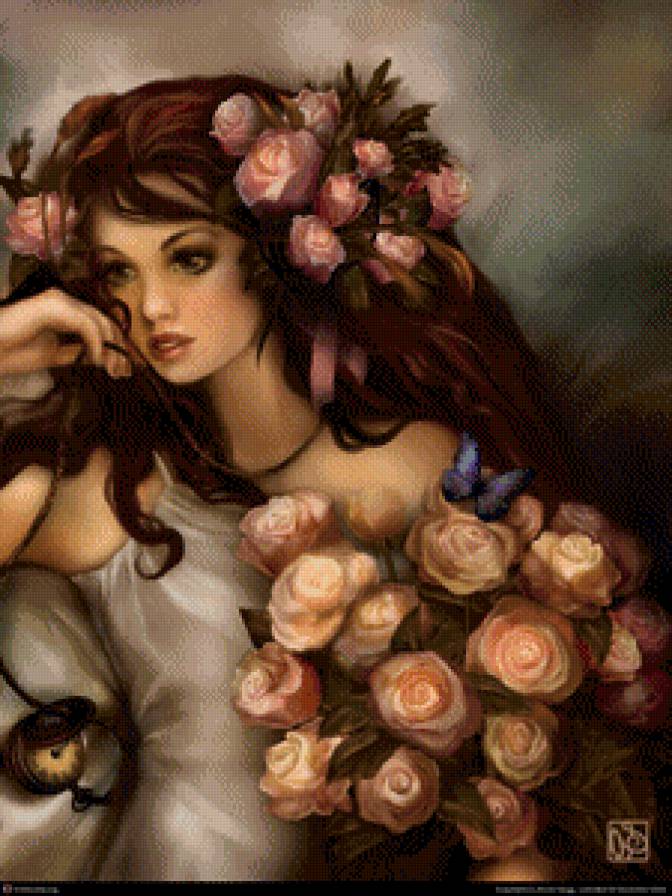 Девушка с букетом - девушка, романтика, цветы - предпросмотр