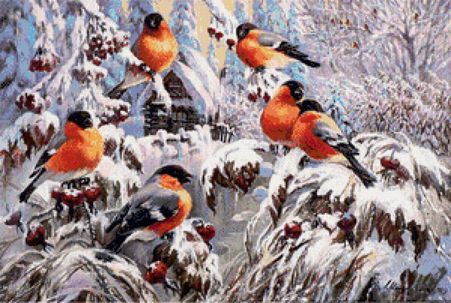 снегири - деревья, птицы, зима, природа, снег - предпросмотр