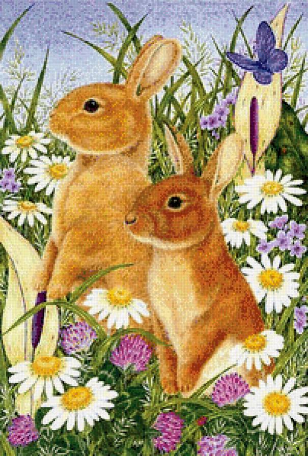 Зайчата - зайцы, цветы, животные, бабочки - предпросмотр