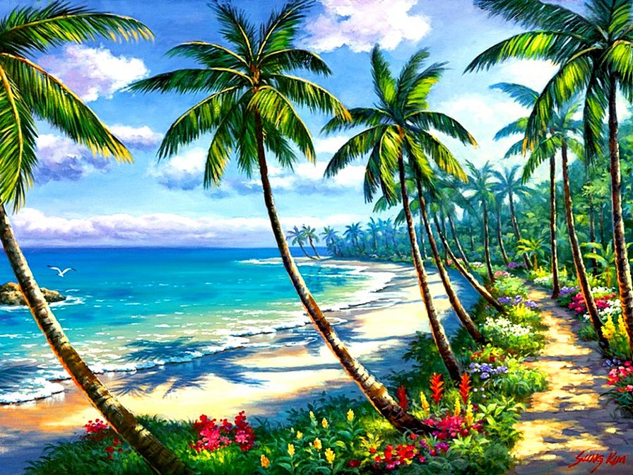 Пальмовый берег - пейзаж, море, пальмы, берег, океан - оригинал