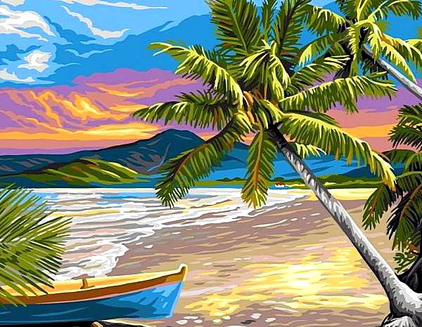 Пальмовый берег - пальмы, океан, лодка, пейзаж, берег, море - оригинал