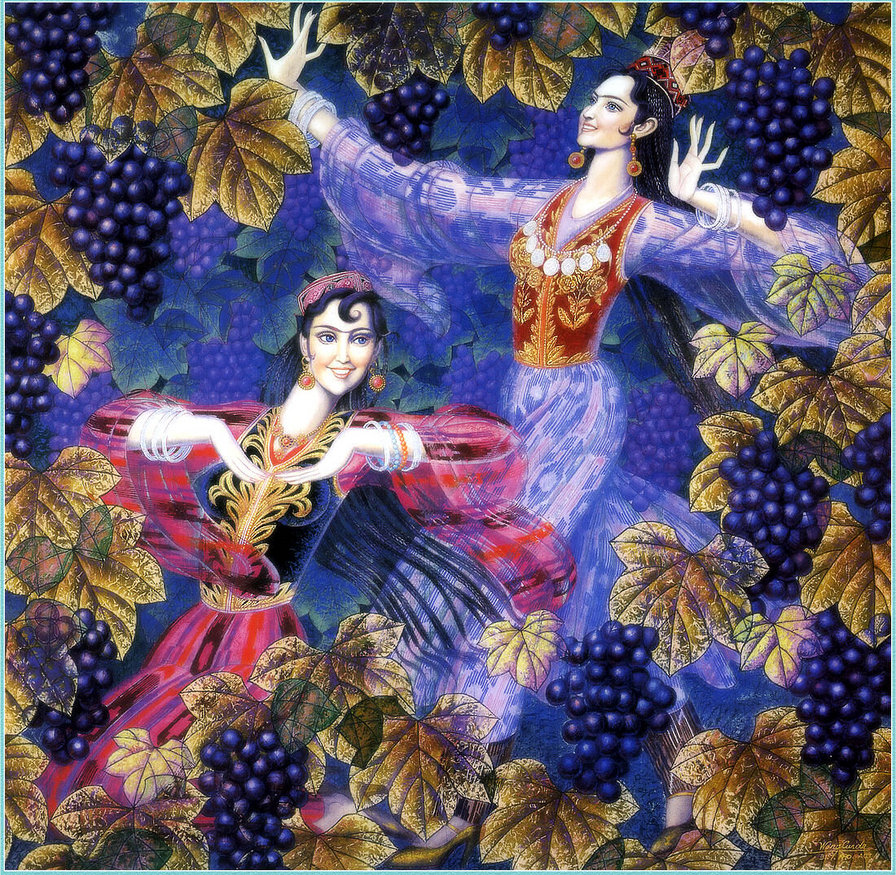 виноградинки - девушки, фрукты, подушка, природа - оригинал