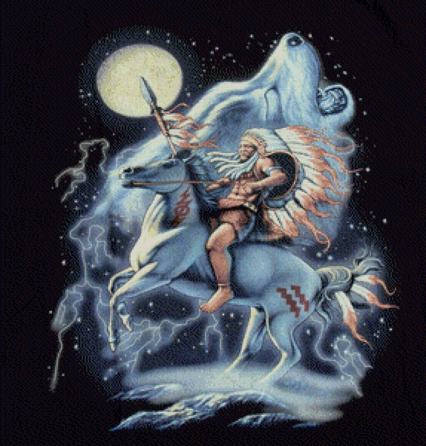в гармонии с природой - ночь, волк, индейцы, лошадь, конь, индеец, вождь, луна - предпросмотр
