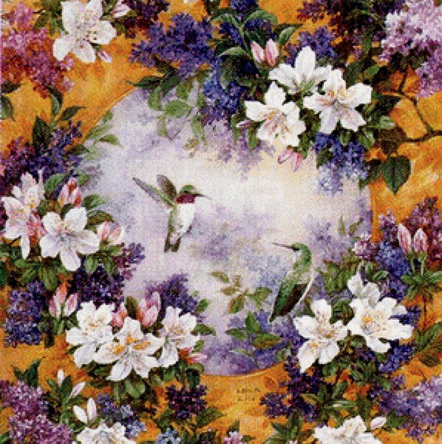 сюжет для подушки - цветы, подушка, картина, природа, птицы - предпросмотр