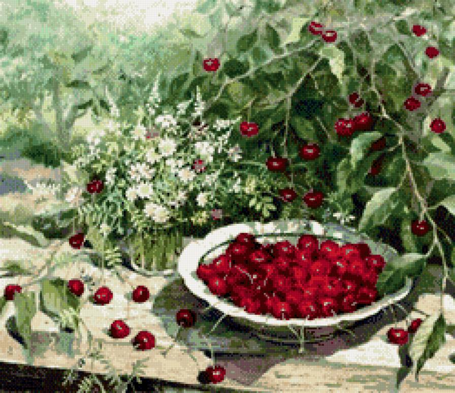 натюрморт с вишнями - фрукты, природа, цветы, ягоды, натюрморт - предпросмотр