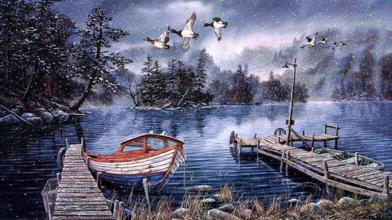 Причал - причал, озеро, утки, снег, лодка - оригинал