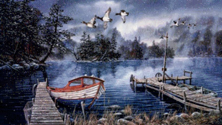 Причал - лодка, озеро, снег, утки, причал - предпросмотр