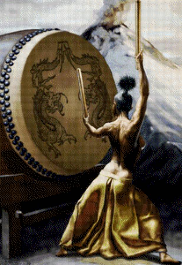 dragon_volcano_drum - барабан, дракон, вулкан, девушка - предпросмотр