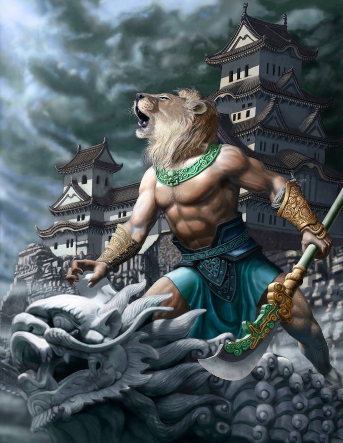 lionman - фэнтези, воин, дракон, восток, оружие, лев - оригинал