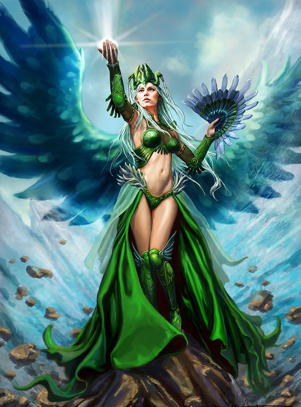 sky_princess - девушка, крылья, веер, фэнтези, зеленый, небо - оригинал