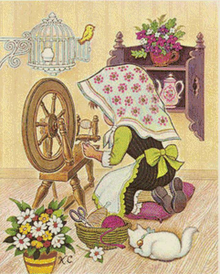 хозяюшка - кот, цветы, птицы, девочка - предпросмотр