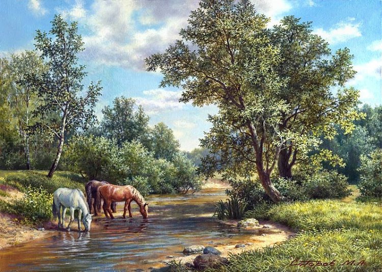 михаил сатаров 16 на водопое - михаил сатаров, лес, лето, горы, река, кони, картина, пейзаж, лошади - оригинал
