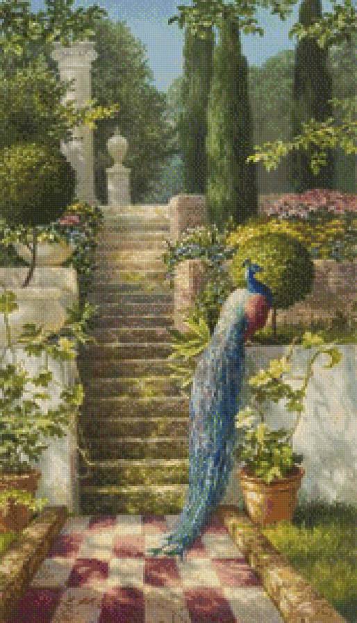 михаил сатаров 20 павлин - птица, михаил сатаров, картина, сад, парк, лестница, пейзаж, павлин - предпросмотр