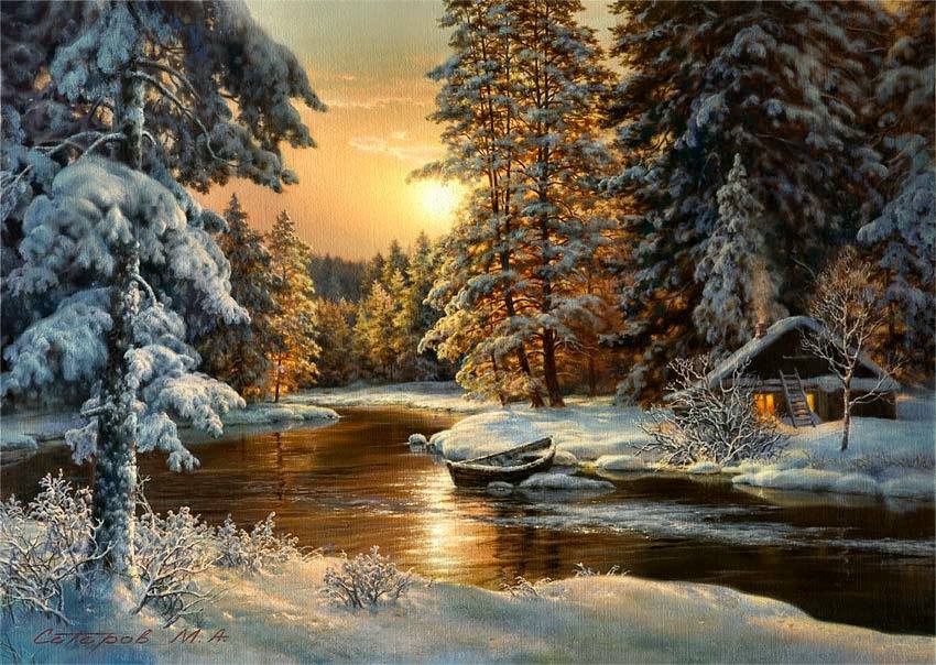 михаил сатаров 45 зимний пейзаж - снег, михаил сатаров, лес, зима, пейзаж, картина, река, природа - оригинал