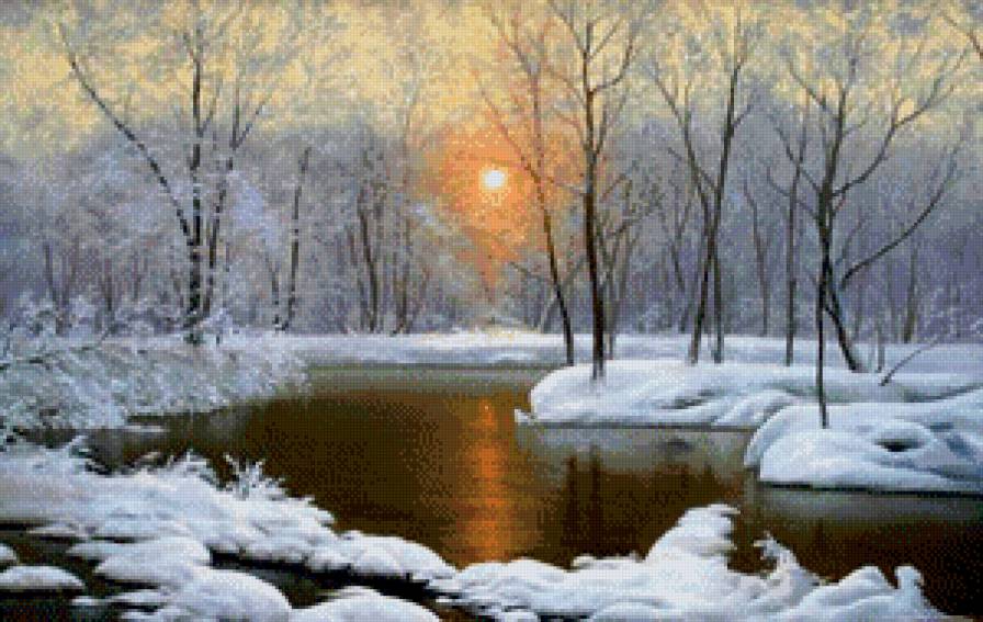 михаил сатаров 48 зимнее утро - снег, михаил сатаров, природа, картина, пейзаж, зима, лес, река - предпросмотр