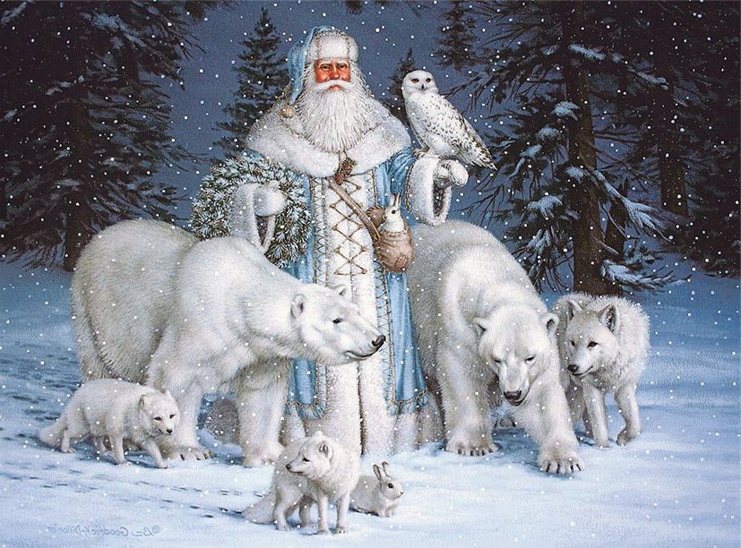 на севере - природа, дед мороз, тайга, север, сова, лес, волк, зима, медведь, картина - оригинал