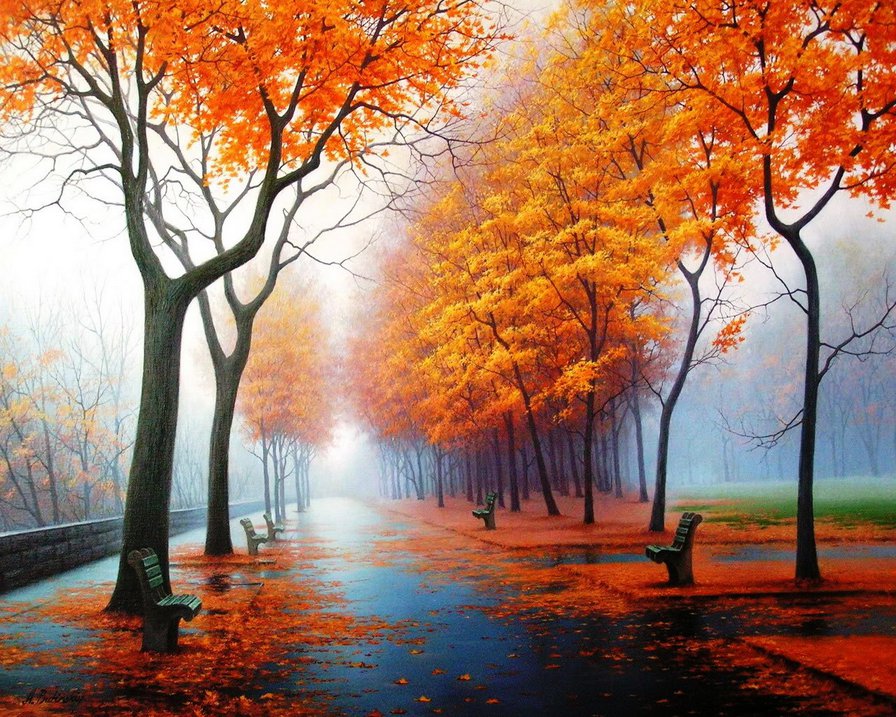 осень туманная - картина, осень, природа, пейзаж - оригинал