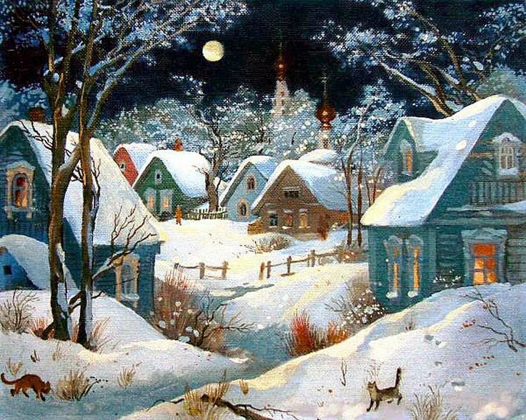 зимняя деревушка - картина зима - оригинал