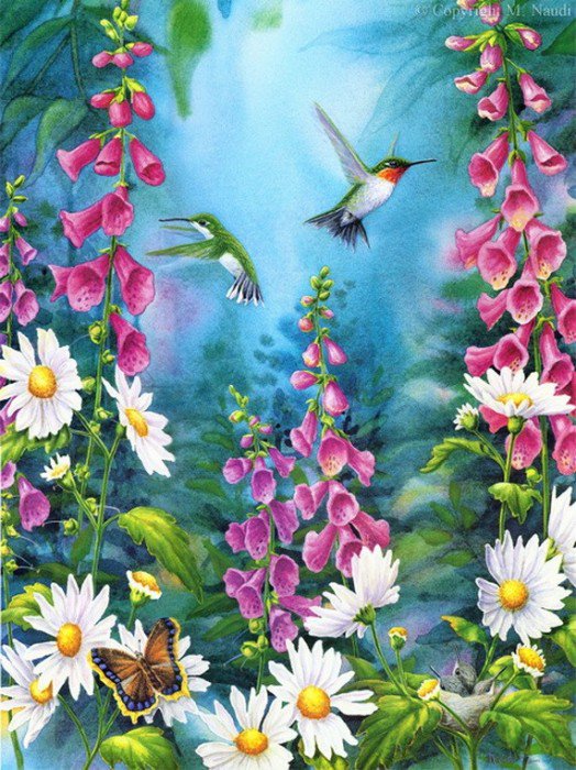 колибри и цветы - картина птицы - оригинал