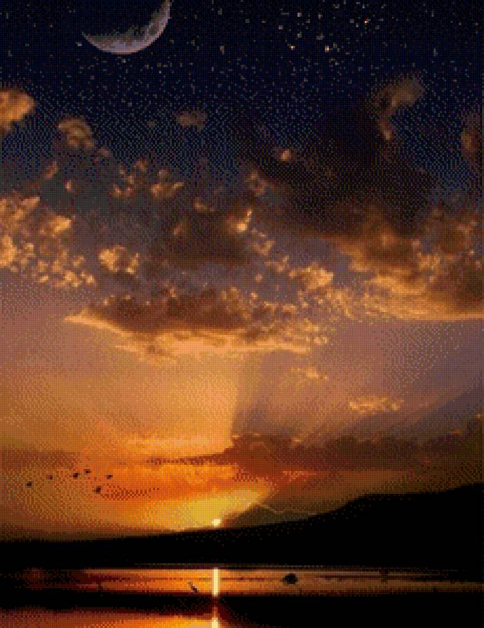 Полет - рассвет, природа, луна - предпросмотр