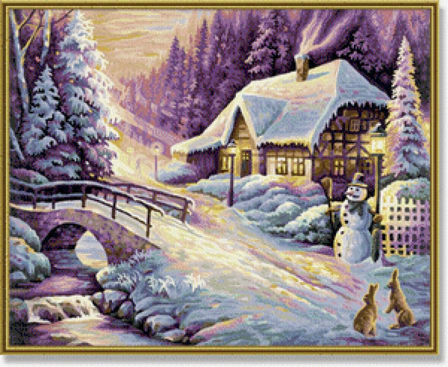 Зимняя сказка - мост, снеговик, зима, домик - предпросмотр