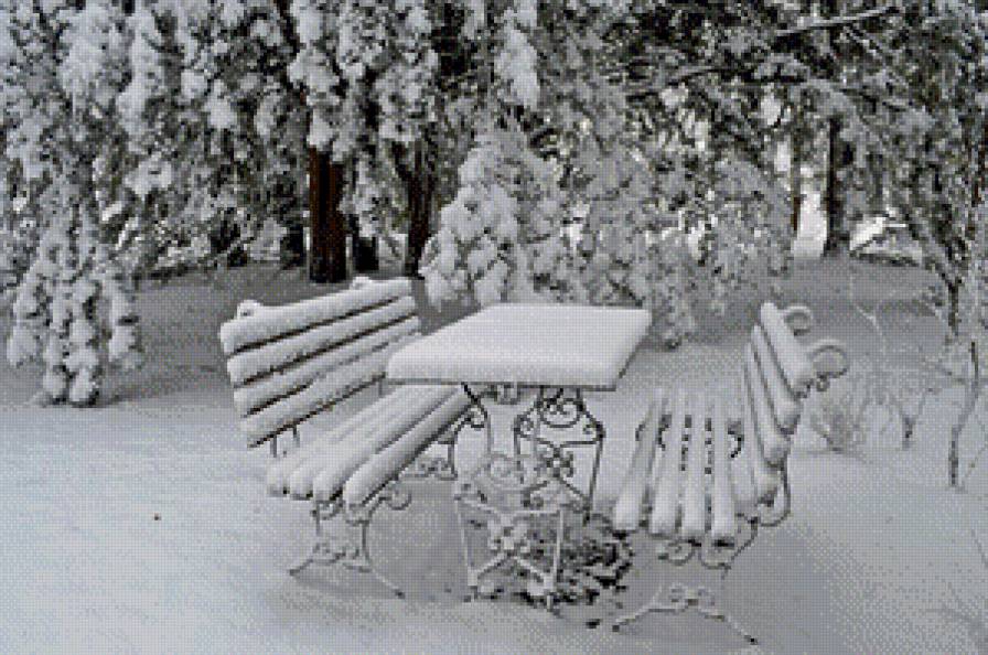 первый день зимы - лавочка, картина, парк, снег, зима, сугроб, скамейка, дерево, пейзаж - предпросмотр