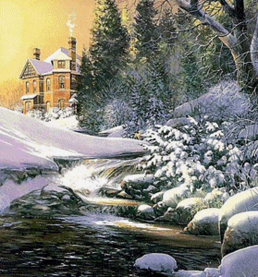 Дом на холме - дом, зима, река, пейзаж - предпросмотр